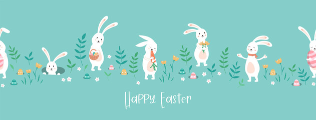 Cute hand drawn Easter seamless pattern with Bunnies and Easter decoration, Egg hunt, cute poses, great for textiles, banners, wallpapers, prints - vector design