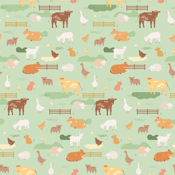 Livestock walks on a green field. Cow, sheep, goats, pigs, chickens and ducks with their children. Farming vector illustration, domestic animals in the paddock. Seamless agricultural, country pattern.