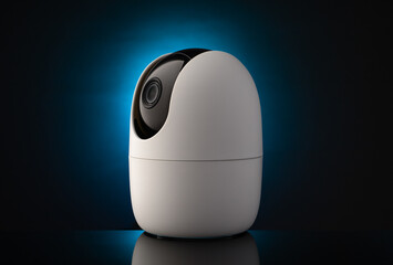 Portable security camera against dark background in neon light, copy space