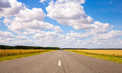 road going into perspective, yellow fields and blue sky with cumulus clouds