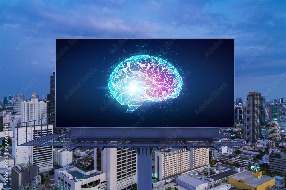 Poster brain hologram on billboard with bangkok cityscape background at night time. street advertising post