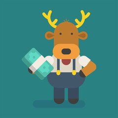 Funny character deer holding wad money. Vector character