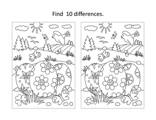 Easter holiday themed find the ten differences picture puzzle and coloring page with 3 painted eggs in rural scene
