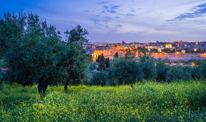 Beautiful dusk view of Jerusalem: the Old City with Dome of the Rock on the Temple Mount, Mount...