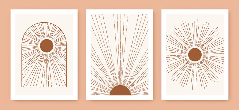 Triptych boho sun, minimalist mid century modern art