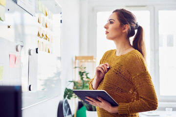 Businesswoman looking at whiteboard in office