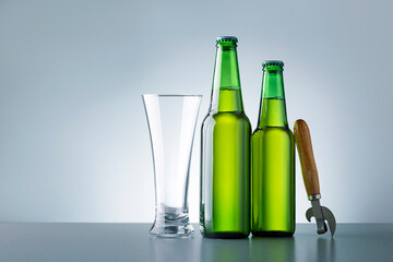 Glass And Two Bottle With Beer On A Wooden Dark Table With Copy Space.