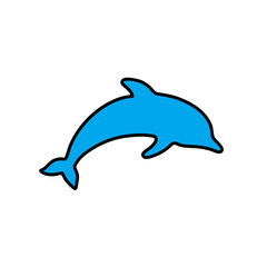 Flat round blue icon with silhouette of playing dolphin. Summer resort and entertainment symbol. Vector isolated outline illustration