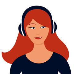 The girl listens to music with headphones. Happy face. Vector isolated flat illustration.