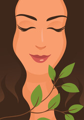 Portrait of a beautiful girl and a twig with green leaves. Close up of a woman face. Vector poster illustration.