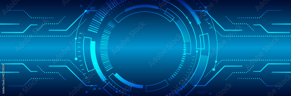 Aufkleber Hi tech circuit board design innovation concept. Abstract futuristic wide communication vector illustration. Sci fi technology on the blue background.
