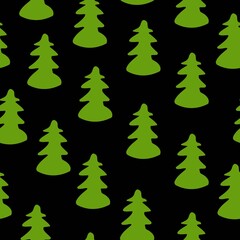 Vector seamless pattern with green fir trees. Black background. Cartoon style. Spring and summer. Nature and ecology. Post cards, wallpaper, wrapping paper, scrapbooking and textile. Park or garden