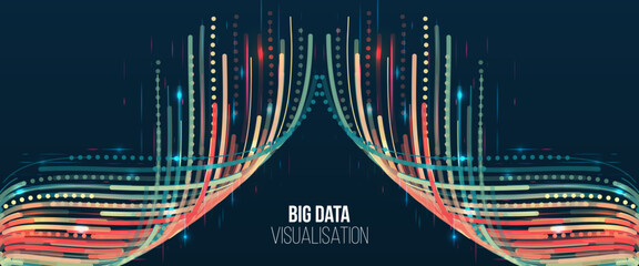 Big data visualization. Information analytics concept. Abstract stream information with ball array and binary code. Filtering machine algorithms. Sorting data. Vector technology background. - obrazy, fototapety, plakaty