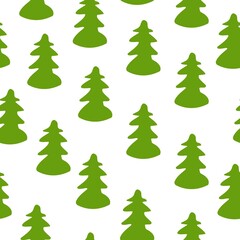 Vector seamless pattern with green fir trees. Brown trunk. White background. Cartoon style. Spring and summer. Nature and ecology. Post cards, wallpaper, wrapping paper, scrapbooking and textile