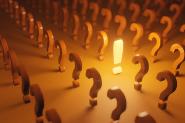 An orange glowing exclamation mark in the middle of question marks. 3D rendering.