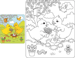 Chickens in the garden - page for kids
