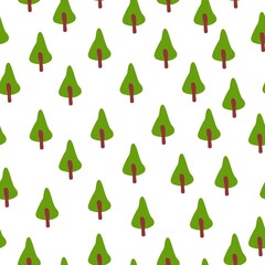 Vector seamless pattern with green fir trees. Brown trunk. White background. Cartoon style. Spring and summer. Nature and ecology. Post cards, wallpaper, wrapping paper, scrapbooking and textile