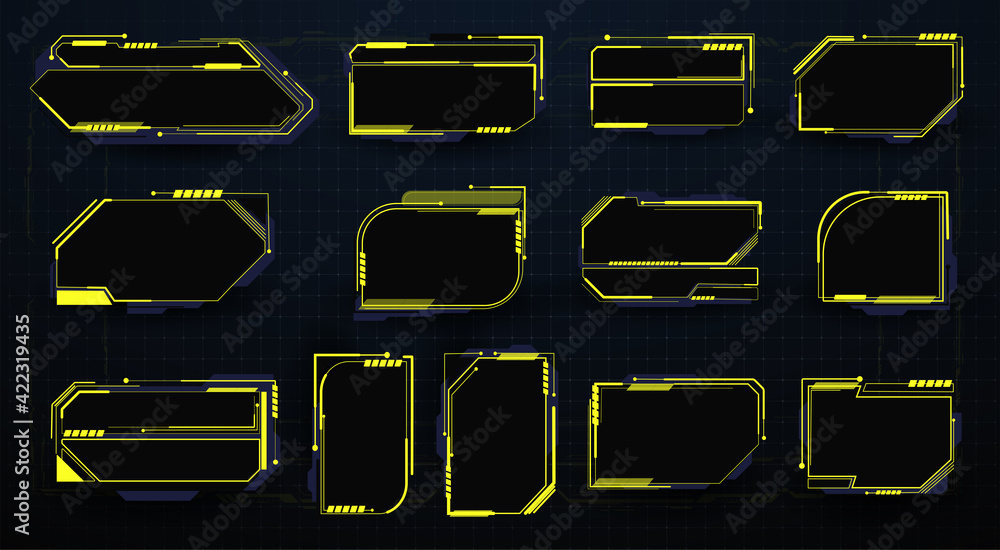 Poster a set of modern frames, callouts for user menu interface elements in futuristic hud style. good for 