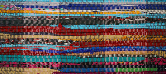 Top view of colorful handmade Chindi rag vintage carpet reversible runner cotton woven floor rug...
