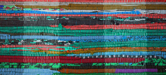 Top view of colorful handmade Chindi rag vintage carpet reversible runner cotton woven floor rug...