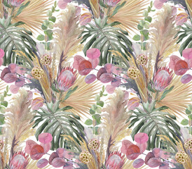 Obraz premium seamless buttern with a bouquet in boho style of dried flowers with protea flower and monstera leaf painted in watercolor