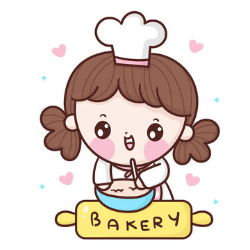 Cute Girl Chef Cartoon Cooking Sweet Bakery Kawaii Style.