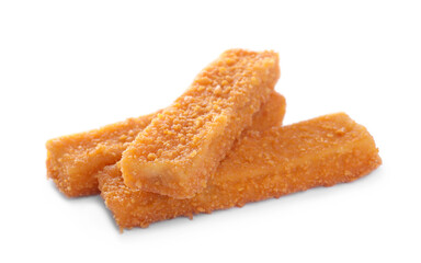 Fresh breaded fish fingers on white background