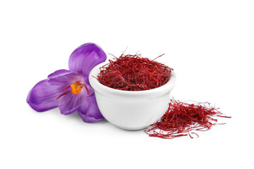 Dried saffron and crocus flower on white background