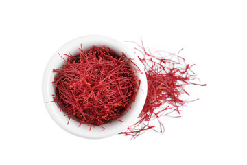 Naklejka premium Dried saffron on white background, top view