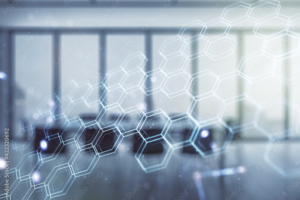 Poster double exposure of abstract virtual technology hologram with hexagon on a modern meeting room backgr