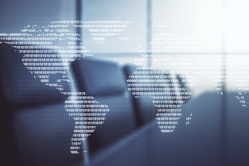 Multi exposure of abstract creative digital world map hologram on a modern conference room background, tourism and traveling concept