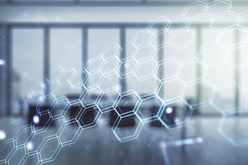 Double exposure of abstract virtual technology hologram with hexagon on a modern meeting room background. Research and development software concept