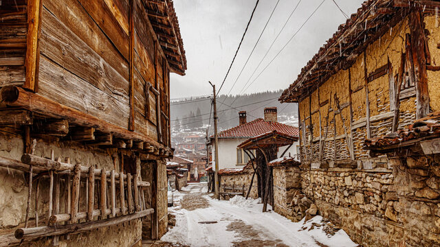 Bulgaria Koprivshtitsa old city cobblestone street in winte