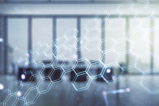Double exposure of abstract virtual technology hologram with hexagon on a modern meeting room background. Research and development software concept