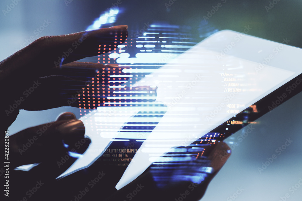 Poster double exposure of abstract programming language hologram with world map and finger clicks on a digi
