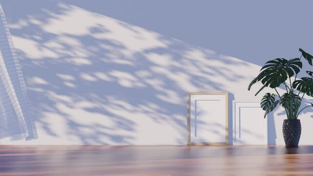 爽やかな木漏れ日が揺れるリビングインテリアと風でそよぐカーテンのモーショングラフィックス / ループ再生可能  / 3Dレンダリング / バックグラウンド・モーションイメージ