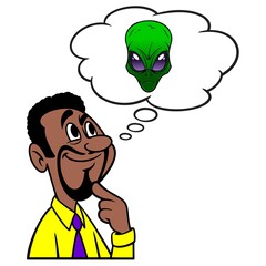 Man thinking about Aliens - A cartoon illustration of a man thinking about Aliens.