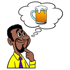 Man thinking about a mug of Beer - A cartoon illustration of a man thinking about a frosty mug of Beer.