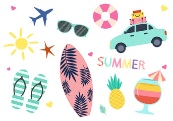 Summer vector set of elements. Isolated on a white background. Vacation icons in flat style. Surfboard, Beach Slippers, Airplane, Car, Glasses

