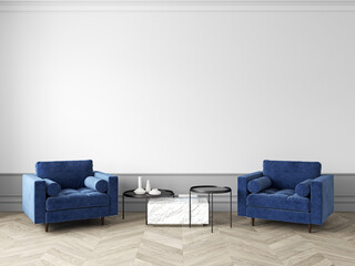 Classic white interior with blue armchairs, coffee table and decor. 3d render illustration mock up.