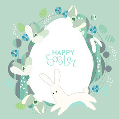Festive greeting card with easter rabbit and spring flowers