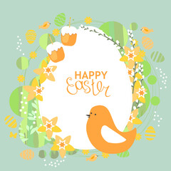 Festive greeting card with easter bird and spring flowers