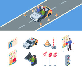 Drive school. Zone for drivers examination autopark barrier cones students learning rules of automobiles and signs garish vector isometric illustrations