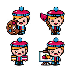 cute painter character design set with painting equipment