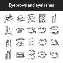 Eyelashes and eyebrows color line icons set. Pictograms for web page, mobile app, promo.