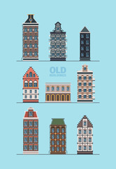 Old exterior buildings. European street old fashioned construction detailed beautiful facades garish flat vector pictures collection