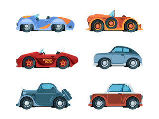 Retro cars. Old style vehicles urban transportation wheels driving car garish vector vintage collection in flat style