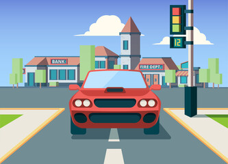 Urban car front view. City background with buildings on landscape vehicles on road travelling concept garish vector picture