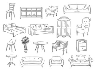 Sketches furniture. Modern interior objects chairs beds technical drawings for architectural design projects recent vector illustrations set collection