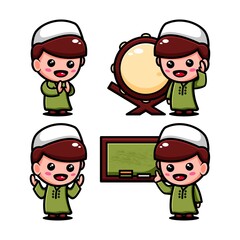 Cute muslim boy character design set with many exspression
